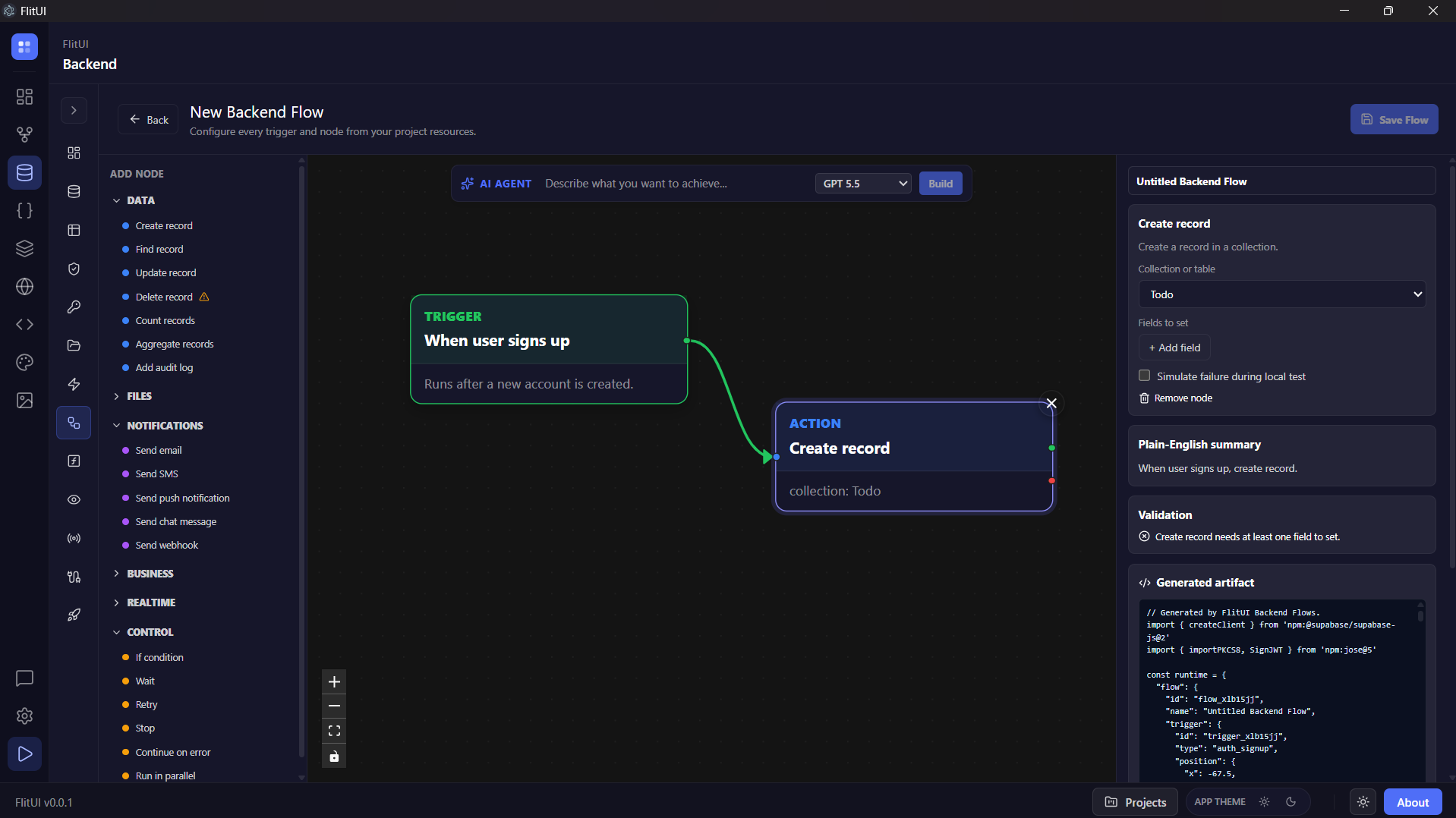 FlitUI Backend Studio — a node-based Backend Flow with a trigger and create-record action, AI prompt bar and generated SQL artifact