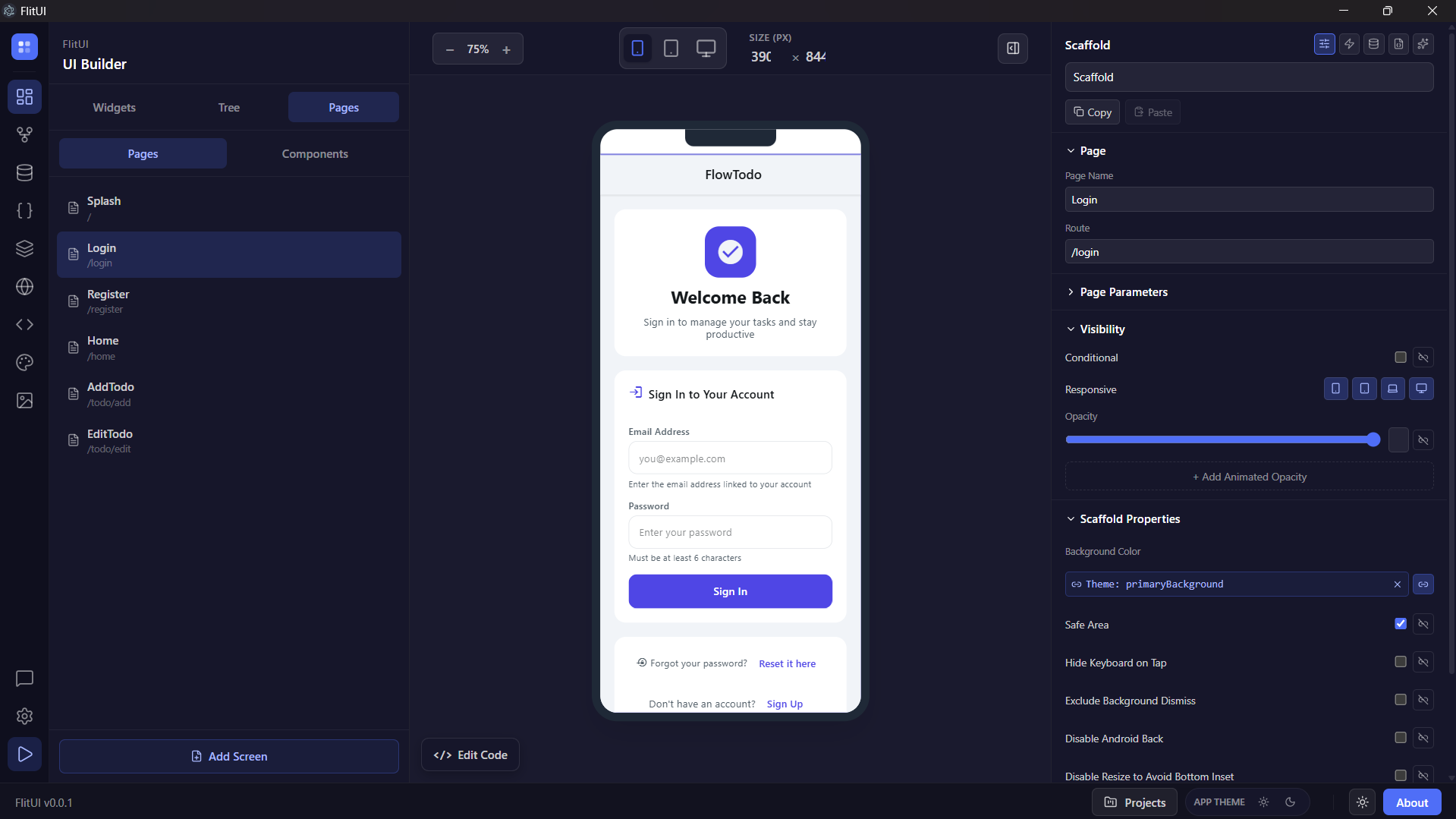 FlitUI visual app builder — the UI Builder workspace with pages, live phone canvas and the properties inspector